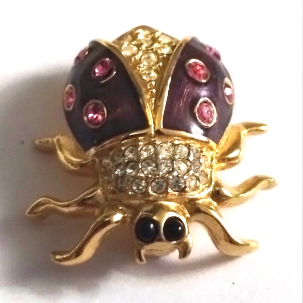 Vtg Purple Pink Enamel Pave Lady Bug Ladybug Gold Plated Rhinestone Pin Brooch